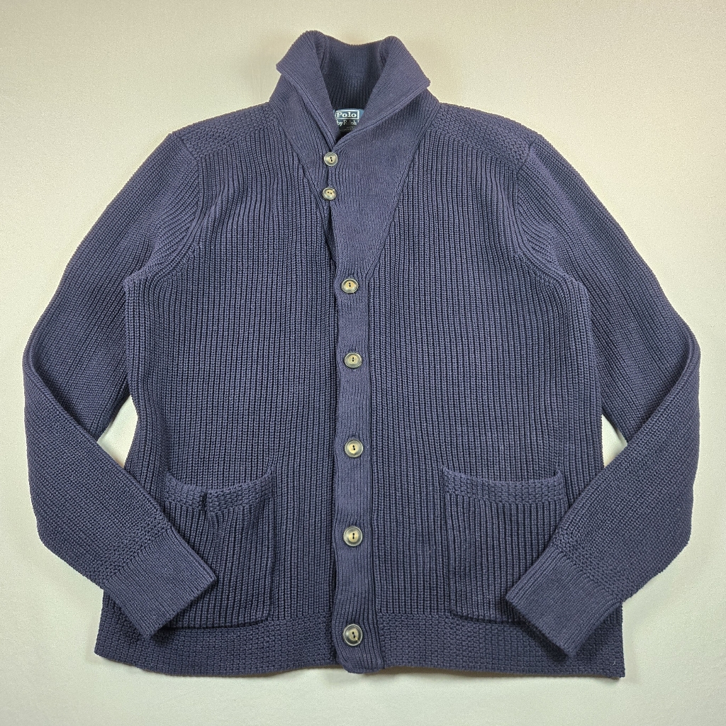 Polo Ralph Lauren Navy Blue Ribbed Knit Shawl Collar Cardigan Xl Like New